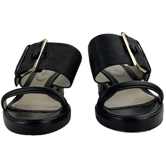 JASON WU BUCKLED DOUBLE BAND TEXTURED BLACK LEATHER SLIP ON MULE SANDAL HEELS - Picture 7 of 14